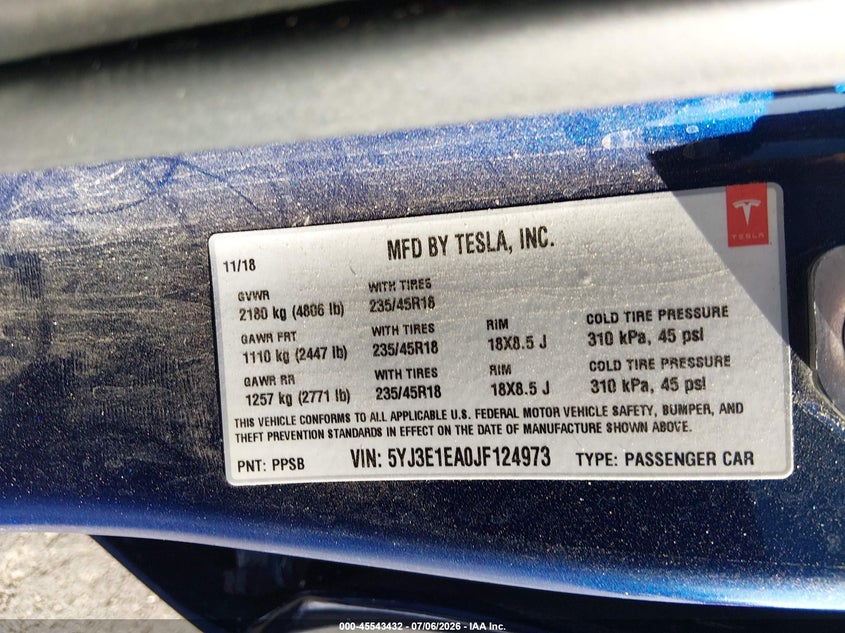 2018 Tesla Model 3 VIN 5YJ3E1EA0JF124973 IAAI salvage auction — FRONT END, Salvage (Nevada), sold $5,975 on 2026-08-01 (photo 9)
