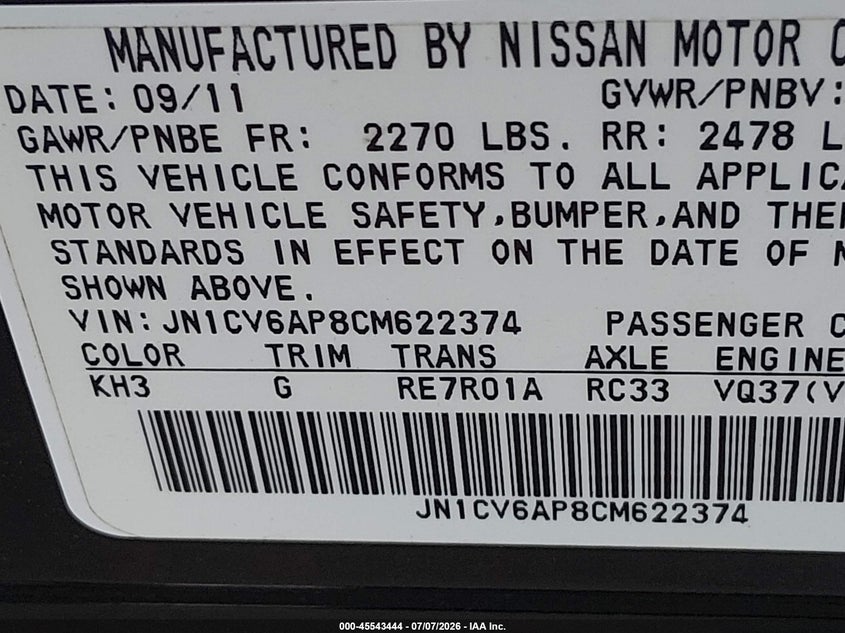 2012 Infiniti G VIN JN1CV6AP8CM622374 IAAI salvage auction — RIGHT SIDE, Salvage Title, sold $500 on 2026-07-28 (photo 9)