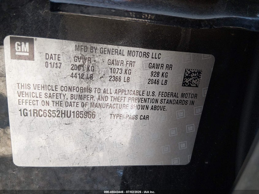 2017 Chevrolet Volt VIN 1G1RC6S52HU185966 IAAI salvage auction — NORMAL WEAR, Clear (Tennessee), sold $2,650 on 2026-07-09 (photo 9)