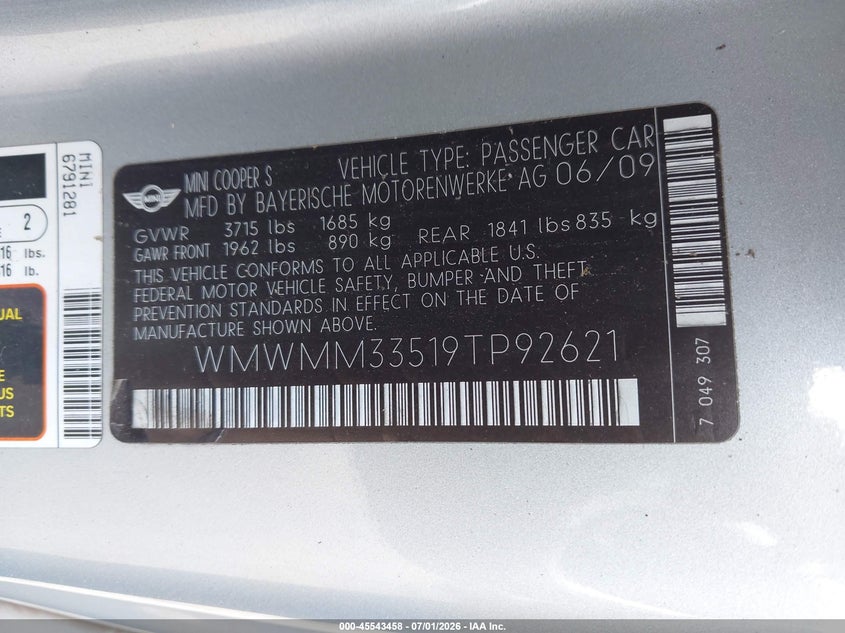 2009 Mini Cooper VIN WMWMM33519TP92621 IAAI salvage auction — REAR END, Clear (Washington), sold $425 on 2026-07-29 (photo 9)
