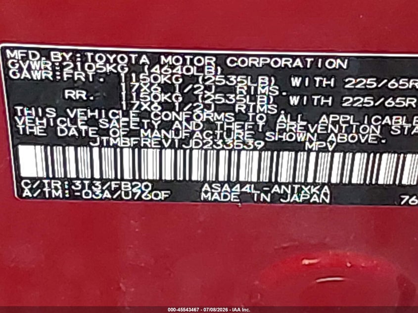 2018 Toyota Rav 4 VIN JTMBFREV1JD233539 IAAI salvage auction — FRONT & REAR, Salvage Title, sold $5,400 on 2026-07-21 (photo 9)