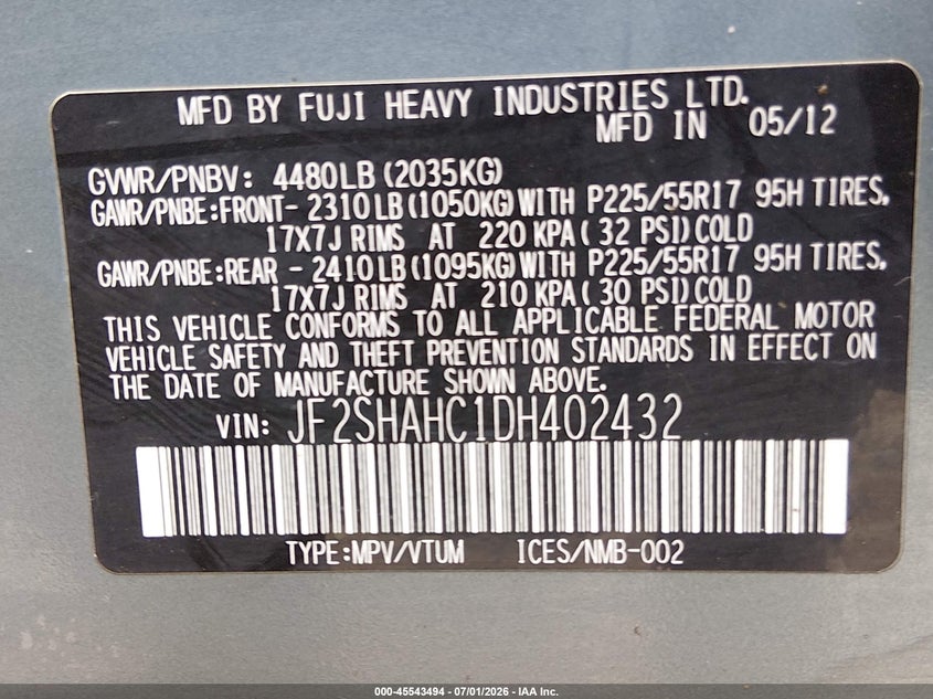 2013 Subaru Forester VIN JF2SHAHC1DH402432 IAAI salvage auction — FRONT END, Salvage Title, sold $1,100 on 2026-07-22 (photo 9)