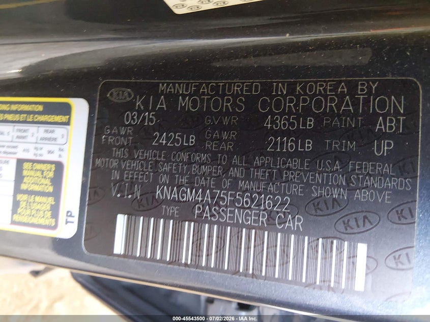 2015 Kia Optima VIN KNAGM4A75F5621622 IAAI salvage auction — NORMAL WEAR, Clear-Dealer Only (Arizona), sold $400 on 2026-07-28 (photo 9)