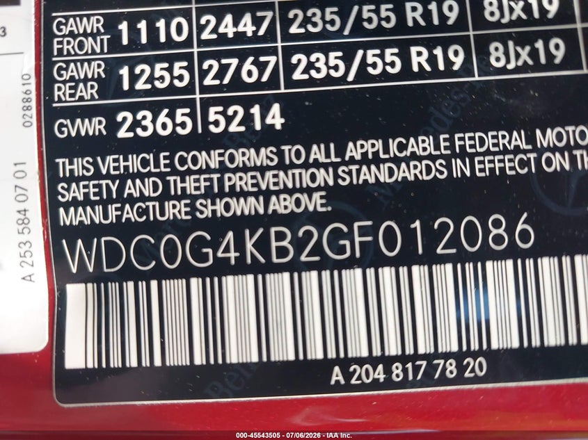 2016 Mercedes-benz Glc class VIN WDC0G4KB2GF012086 IAAI salvage auction — FRONT END, Salvage (Virginia), sold $2,150 on 2026-07-27 (photo 9)