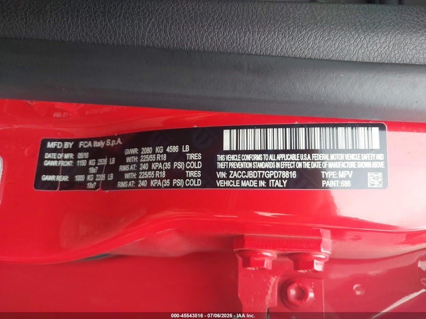 2016 Jeep Renegade VIN ZACCJBDT7GPD78816 IAAI salvage auction — RIGHT FRONT, Salvage Title, sold $2,750 on 2026-08-06 (photo 9)