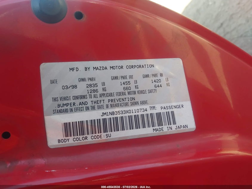 1999 Mazda Mx-5 miata VIN JM1NB3533X0110734 IAAI salvage auction — NORMAL WEAR, Clear (Virginia), sold $500 on 2026-07-13 (photo 9)