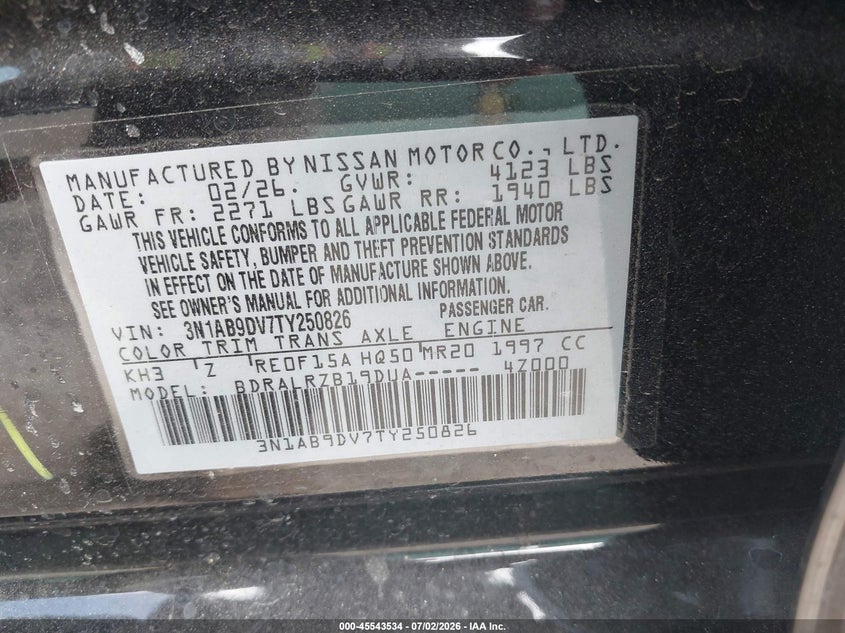 2026 Nissan Sentra VIN 3N1AB9DV7TY250826 IAAI salvage auction — FRONT END, Enterprise Vehicles Clear Only (Louisiana), sold $7,150 on 2026-07-29 (photo 9)