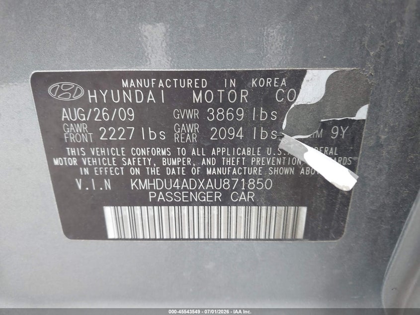 2010 Hyundai Elantra VIN KMHDU4ADXAU871850 IAAI salvage auction — NORMAL WEAR, Clear-Dealer Only (Oregon), sold $725 on 2026-07-09 (photo 9)