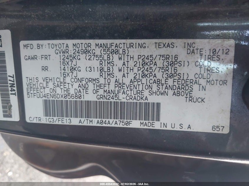 2013 Toyota Tacoma VIN 5TFUU4EN6DX056801 IAAI salvage auction — NORMAL WEAR, Clear (New York), sold $3,650 on 2026-07-21 (photo 9)