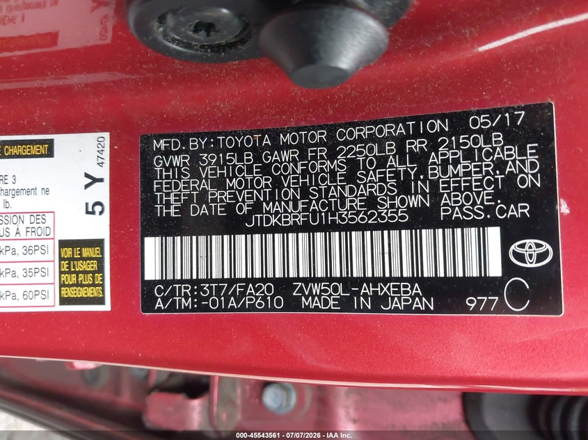 2017 Toyota Prius VIN JTDKBRFU1H3562355 IAAI salvage auction — NORMAL WEAR, Clear (Maryland), sold $2,450 on 2026-07-14 (photo 9)