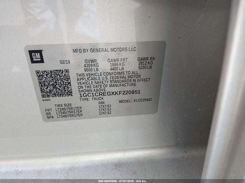 2019 Chevrolet Silverado 2500 VIN 1GC1CREGXKF220851 IAAI salvage auction — NORMAL WEAR, SF97 (Virginia), sold $20,475 on 2026-07-22 (photo 9)