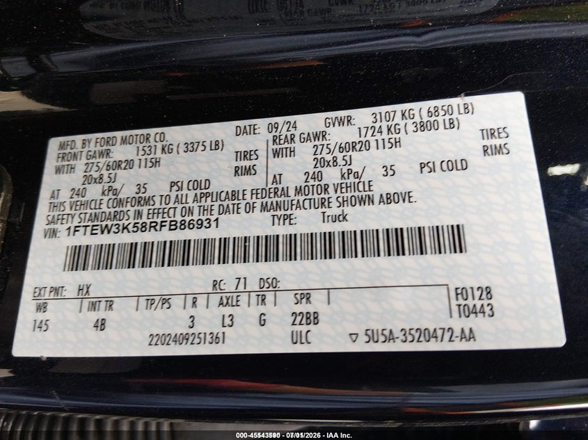 2024 Ford F-150 VIN 1FTEW3K58RFB86931 IAAI salvage auction — FRONT END, Salvage (California), sold $8,400 on 2026-07-09 (photo 9)