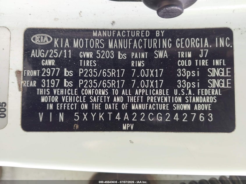2012 Kia Sorento VIN 5XYKT4A22CG242763 IAAI salvage auction — FRONT END, Salvage Title, sold $500 on 2026-07-19 (photo 9)