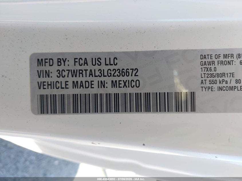 2020 Ram 3500 VIN 3C7WRTAL3LG236672 IAAI salvage auction — RIGHT FRONT, Clear (Kansas), sold $4,650 on 2026-07-24 (photo 8)