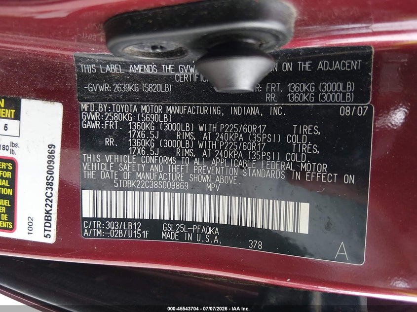 2008 Toyota Sienna VIN 5TDBK22C38S009869 IAAI salvage auction — LEFT & RIGHT, Clear (New Jersey), sold $925 on 2026-07-20 (photo 9)