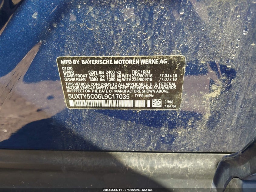 2020 BMW X3 VIN 5UXTY5C06L9C17035 IAAI salvage auction — FRONT END, Salvage Title, sold $8,200 on 2026-07-31 (photo 9)