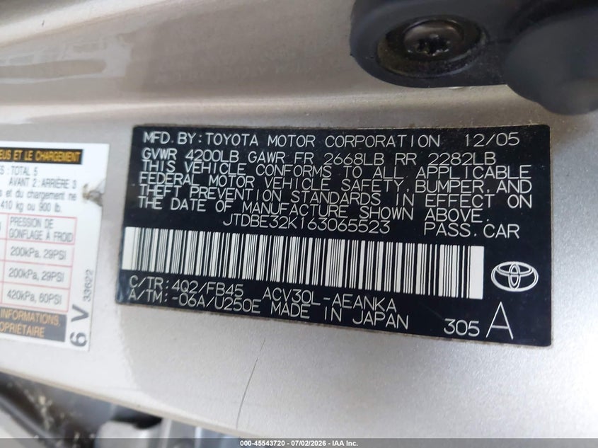 2006 Toyota Camry VIN JTDBE32K163065523 IAAI salvage auction — NORMAL WEAR, Clear (Virginia), sold $550 on 2026-07-10 (photo 9)