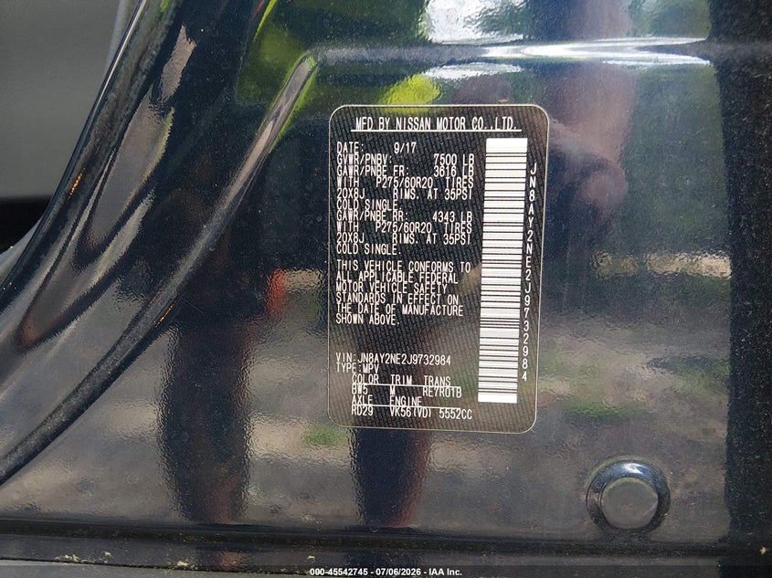 2018 Nissan Armada VIN JN8AY2NE2J9732984 IAAI salvage auction — REAR END, Salvage (Virginia), sold $7,600 on 2026-07-19 (photo 9)