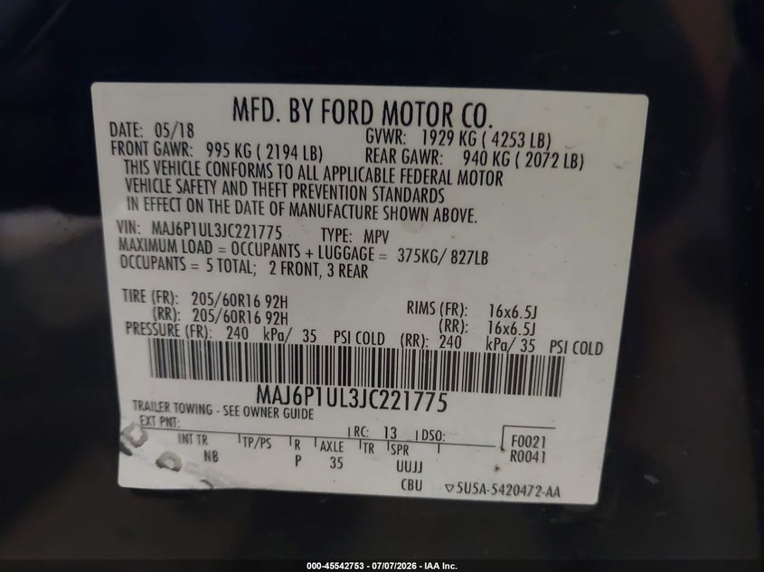 2018 Ford Ecosport VIN MAJ6P1UL3JC221775 IAAI salvage auction — LEFT FRONT, Salvage Title, sold $1,550 on 2026-07-22 (photo 9)