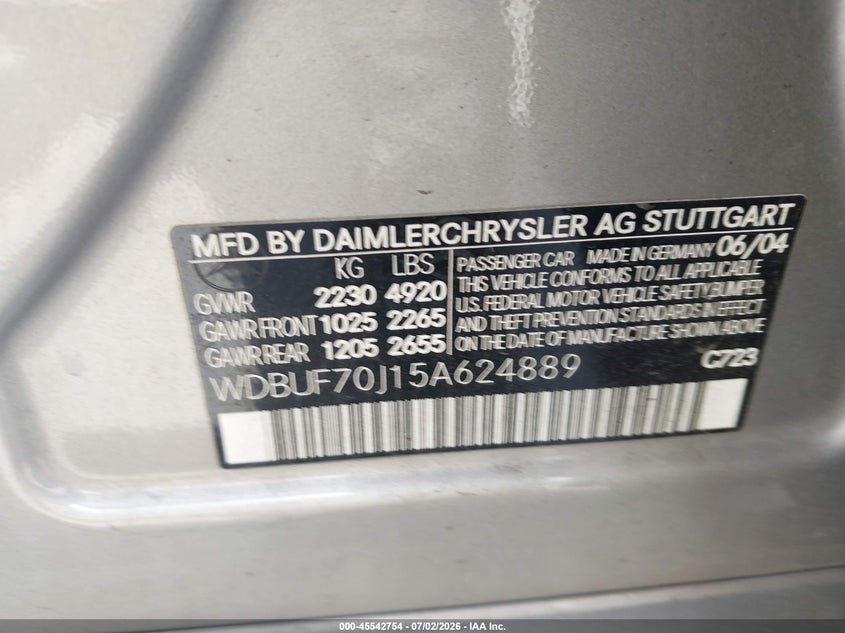 2005 Mercedes-benz E-klasse VIN WDBUF70J15A624889 IAAI salvage auction — VANDALISM, Salvage (California), sold $550 on 2026-08-02 (photo 9)
