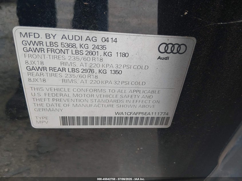 2014 Audi Q5 VIN WA1CFAFP5EA111774 IAAI salvage auction — NORMAL WEAR, Clear (Georgia), sold $1,250 on 2026-07-30 (photo 9)