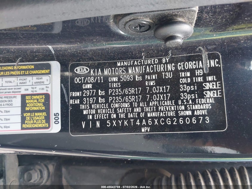 2012 Kia Sorento VIN 5XYKT4A6XCG260673 IAAI salvage auction — NORMAL WEAR, Clear - Public Restricted (Oklahoma), sold $325 on 2026-07-29 (photo 9)
