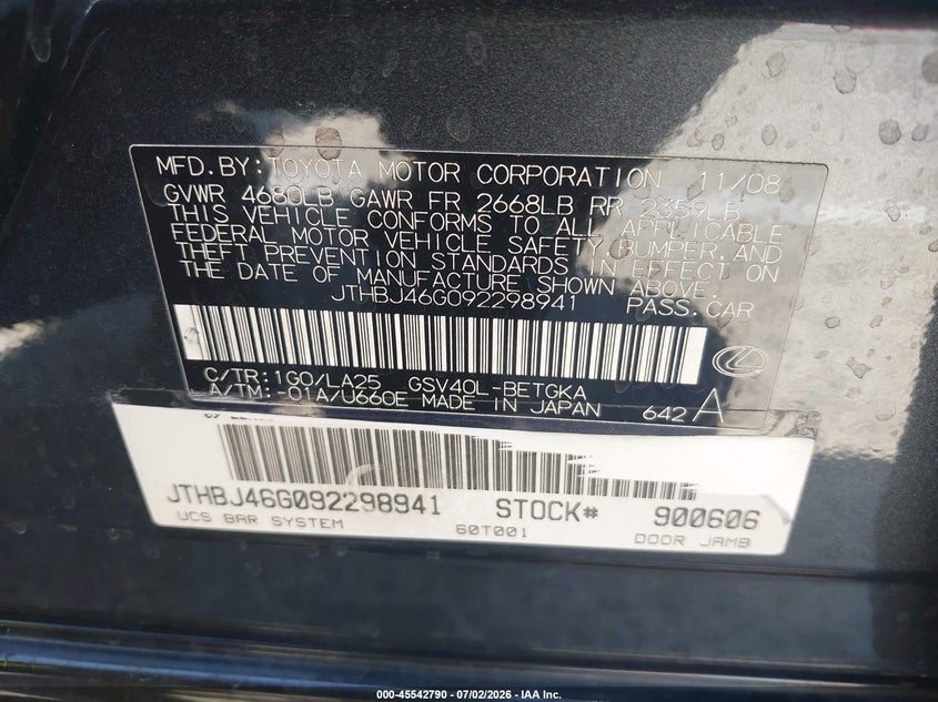 2009 Lexus Es 350 VIN JTHBJ46G092298941 IAAI salvage auction — REAR END, Salvage (California), sold $500 on 2026-07-29 (photo 9)