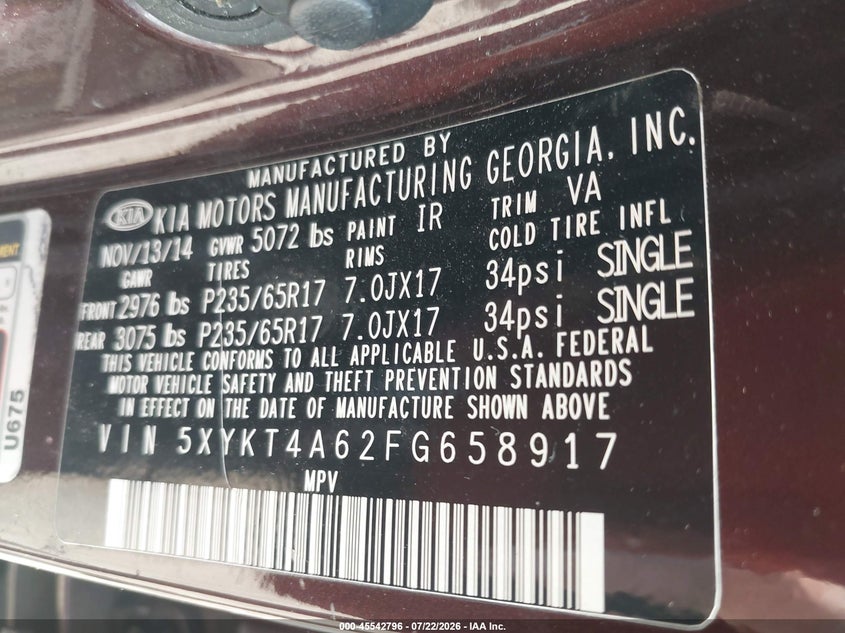 2015 Kia Sorento VIN 5XYKT4A62FG658917 IAAI salvage auction — NORMAL WEAR, Clear (Alabama), sold $325 on 2026-07-28 (photo 9)