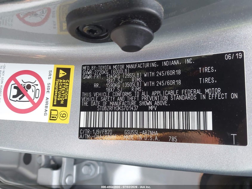2019 Toyota Highlander VIN 5TDBZRFH3KS701437 IAAI salvage auction — FRONT END, Salvage (California), sold $3,800 on 2026-07-17 (photo 9)