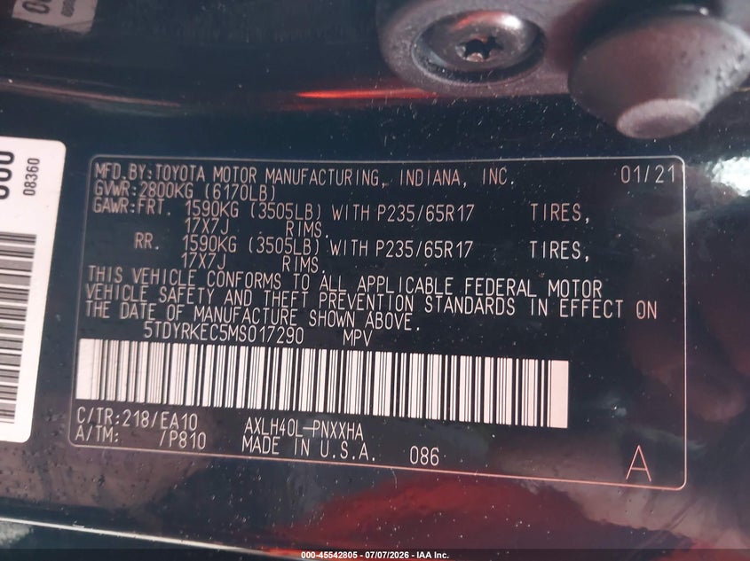 2021 Toyota Sienna VIN 5TDYRKEC5MS017290 IAAI salvage auction — FRONT END, Salvage (Idaho), sold $13,800 on 2026-08-23 (photo 9)