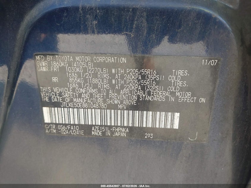 2008 Scion Xb VIN JTLKE50E881048780 IAAI salvage auction — NORMAL WEAR, Clear (Tennessee), sold $675 on 2026-07-16 (photo 9)