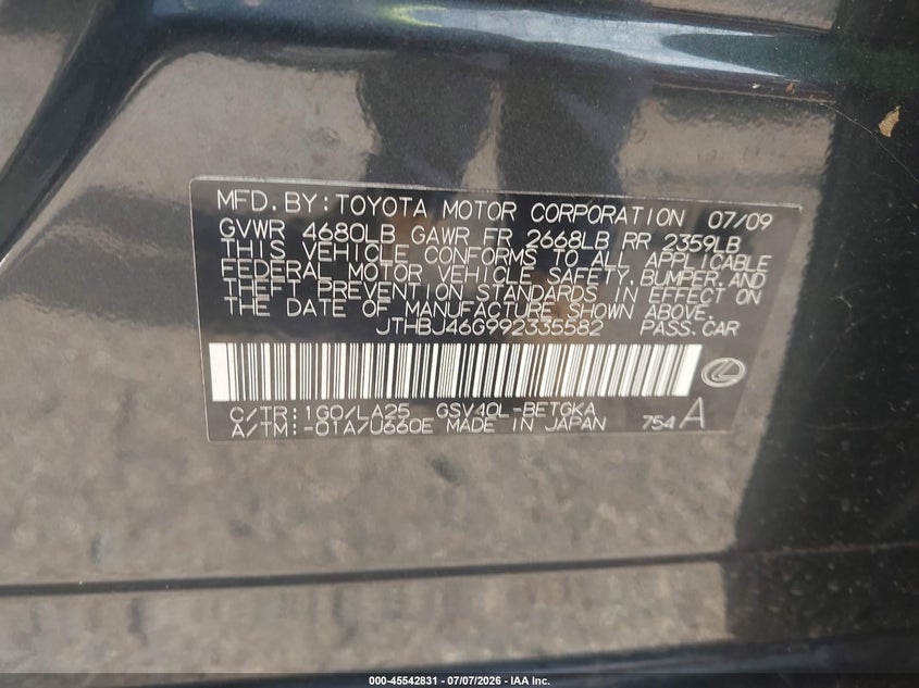2009 Lexus Es 350 VIN JTHBJ46G992335582 IAAI salvage auction — NORMAL WEAR, Original (Texas), sold $1,050 on 2026-07-15 (photo 9)