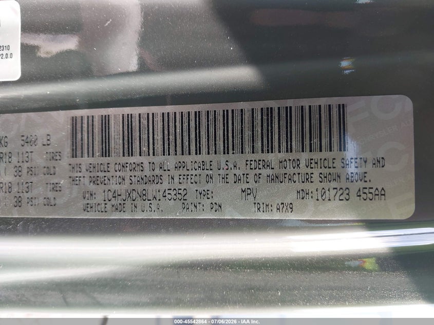 2020 Jeep Wrangler / VIN 1C4HJXDN8LW145352 IAAI salvage auction — FRONT & REAR, Salvage Title, sold $2,300 on 2026-08-13 (photo 9)
