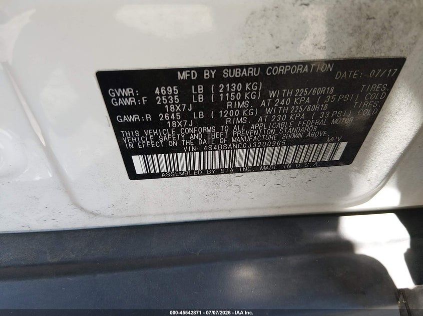 2018 Subaru Outback VIN 4S4BSANC0J3200965 IAAI salvage auction — LEFT FRONT, Salvage Title, sold $1,125 on 2026-07-31 (photo 9)