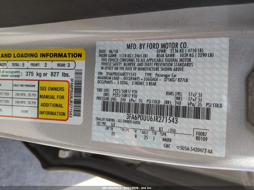 2018 Ford Fusion VIN 3FA6P0UU6JR271543 IAAI salvage auction — NORMAL WEAR, Sf97 (California), sold $10,650 on 2026-07-30 (photo 9)