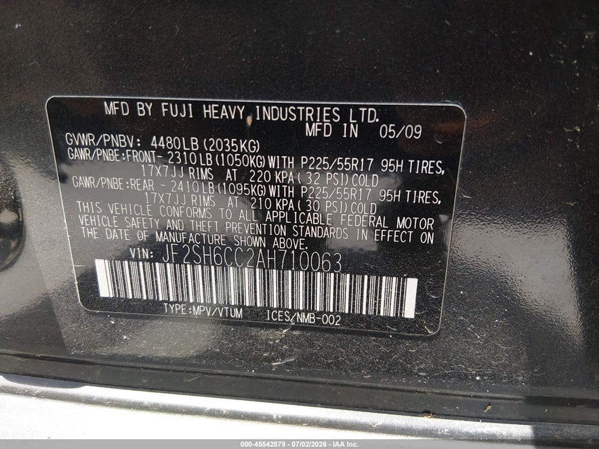 2010 Subaru Forester VIN JF2SH6CC2AH710063 IAAI salvage auction — SIDE, Original (Texas), sold $600 on 2026-07-29 (photo 9)