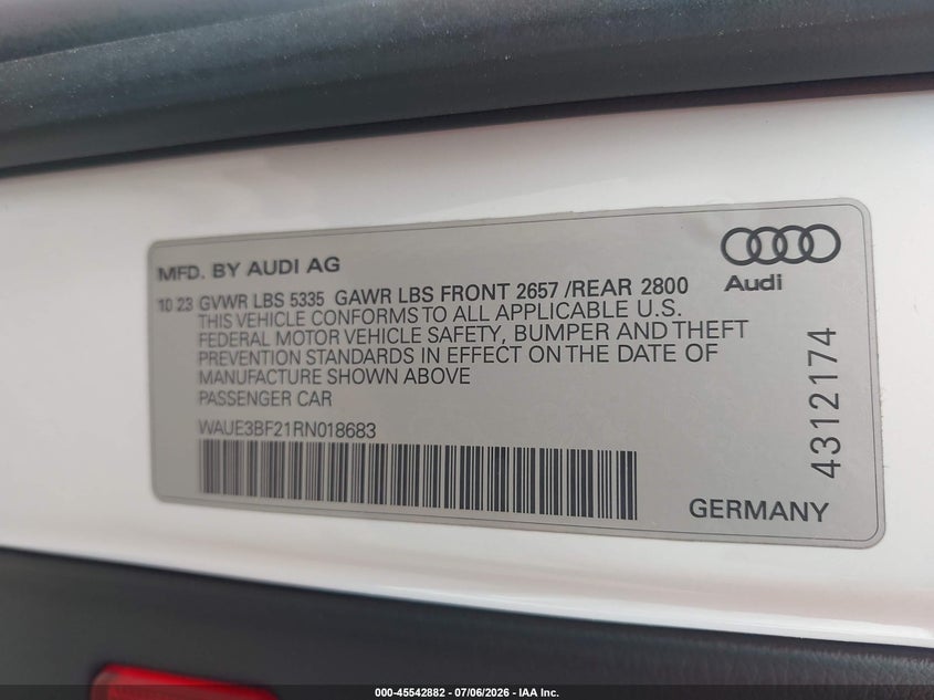 2024 Audi A6 VIN WAUE3BF21RN018683 IAAI salvage auction — FRONT END, Enterprise Vehicles Clear Only (Alabama), sold $15,900 on 2026-07-22 (photo 9)