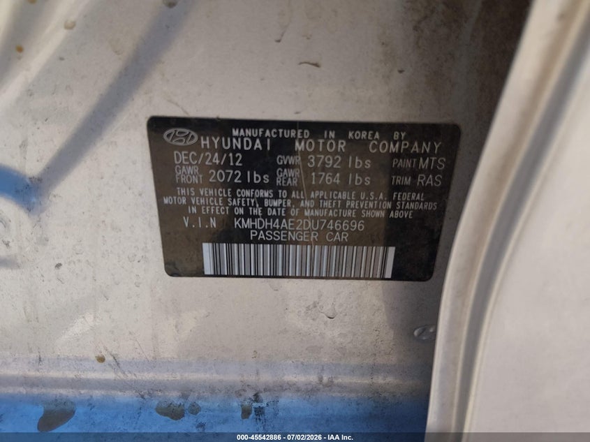 2013 Hyundai Elantra VIN KMHDH4AE2DU746696 IAAI salvage auction — BIOHAZARD/CHEMICAL, Salvage (Arizona), sold $250 on 2026-07-30 (photo 9)