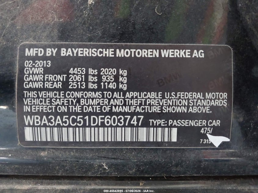 2013 BMW 3er VIN WBA3A5C51DF603747 IAAI salvage auction — NORMAL WEAR, Clear - Dealer Only (California), sold $1,300 on 2026-07-14 (photo 9)