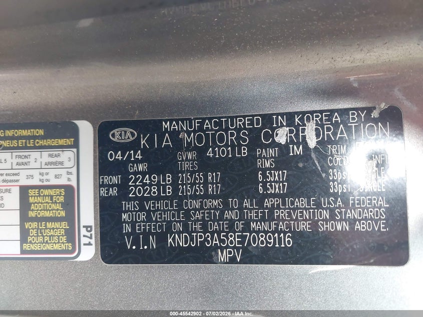 2014 Kia Soul VIN KNDJP3A58E7089116 IAAI salvage auction — NORMAL WEAR, Salvage Title, sold $1,050 on 2026-07-28 (photo 9)