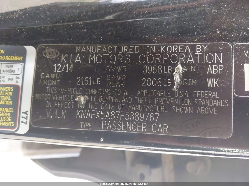 2015 Kia Forte VIN KNAFX5A87F5389767 IAAI salvage auction — NORMAL WEAR, Clear (Montana), sold $375 on 2026-07-30 (photo 9)