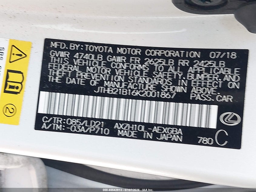 2019 Lexus ES VIN JTHB21B16K2001867 IAAI salvage auction — REAR END, Salvage Title, sold $11,400 on 2026-07-29 (photo 9)