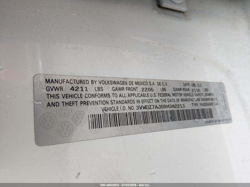 2011 Volkswagen Jetta VIN 3VWDZ7AJ0BM382213 IAAI salvage auction — RIGHT FRONT, Clear (Indiana), sold $900 on 2026-08-03 (photo 9)