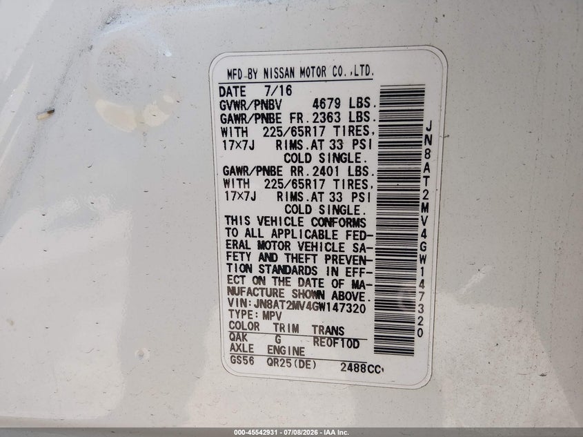 2016 Nissan Rogue VIN JN8AT2MV4GW147320 IAAI salvage auction — FRONT END, Mv-907A (New York), sold $50 on 2026-07-28 (photo 9)