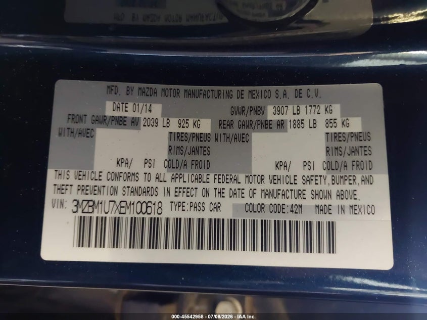 2014 Mazda 3 VIN 3MZBM1U7XEM100618 IAAI salvage auction — REAR END, Salvage (Idaho), sold $1,600 on 2026-08-03 (photo 9)