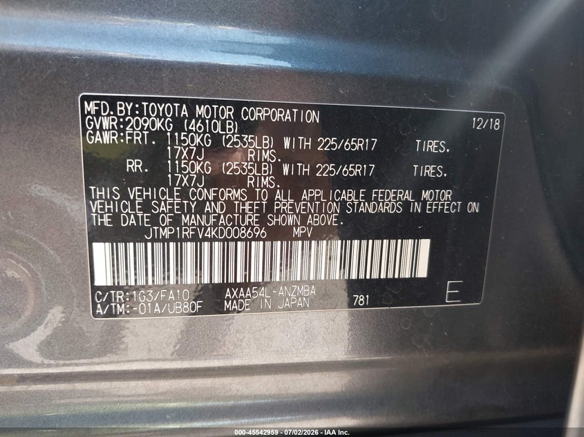 2019 Toyota Rav 4 VIN JTMP1RFV4KD008696 IAAI salvage auction — FRONT END, Salvage Title, sold $7,300 on 2026-07-22 (photo 9)