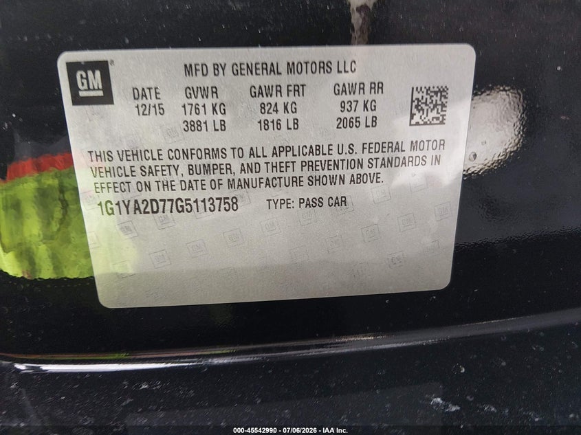 2016 Chevrolet Corvette VIN 1G1YA2D77G5113758 IAAI salvage auction — EXTERIOR BURN, Salvage Title, sold $15,800 on 2026-07-28 (photo 9)