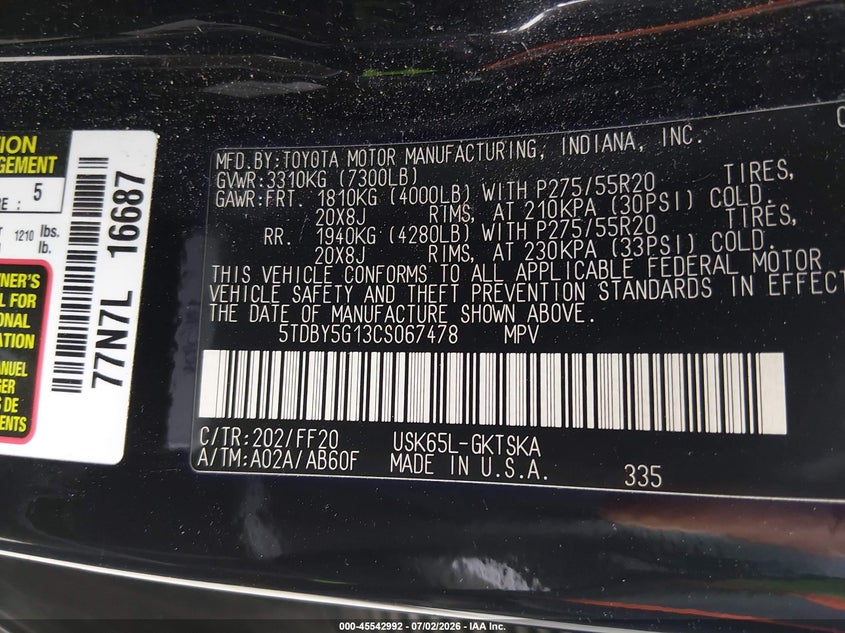2012 Toyota Sequoia VIN 5TDBY5G13CS067478 IAAI salvage auction — NORMAL WEAR, Salvage (California), sold $3,000 on 2026-07-15 (photo 9)
