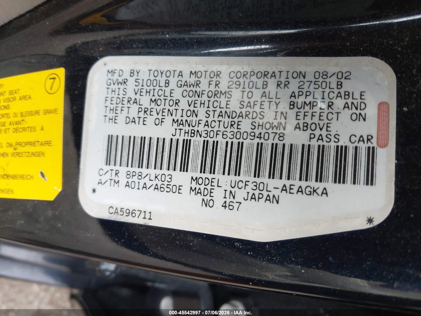 2003 Lexus Ls 430 VIN JTHBN30F630094078 IAAI salvage auction — FRONT END, Mv-907A (New York), sold $400 on 2026-07-29 (photo 9)