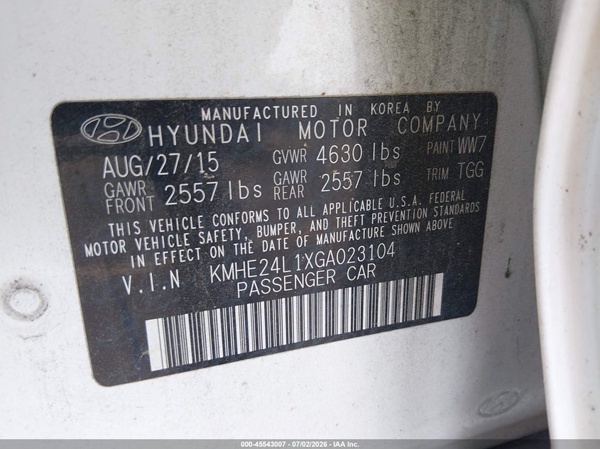 2016 Hyundai Sonata VIN KMHE24L1XGA023104 IAAI salvage auction — RIGHT FRONT, Clear (Florida), sold $1,425 on 2026-07-29 (photo 9)